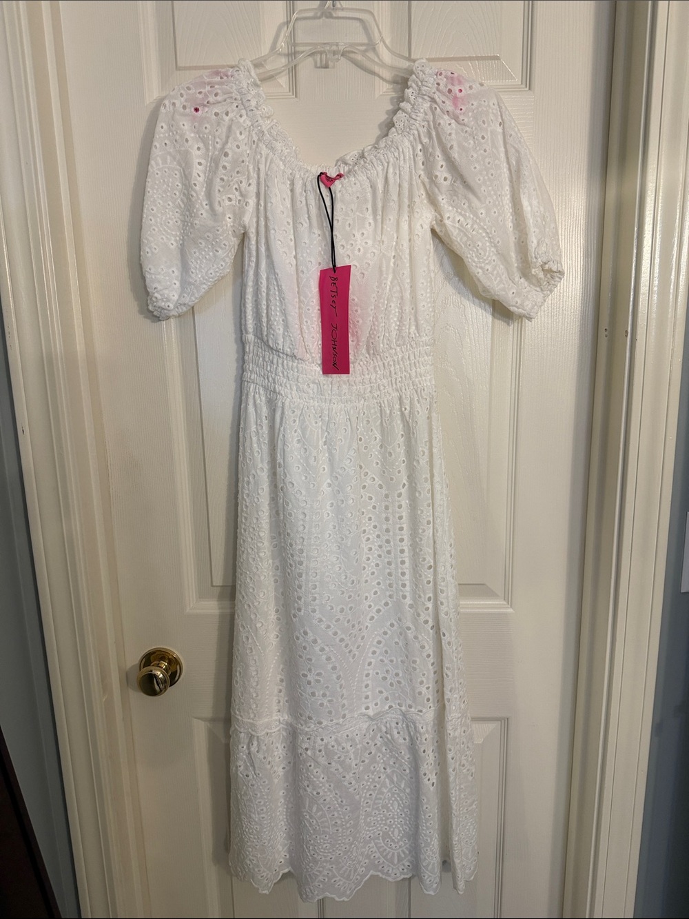 Betsey Johnson White Eyelet Puff-Sleeve Maxi Dress